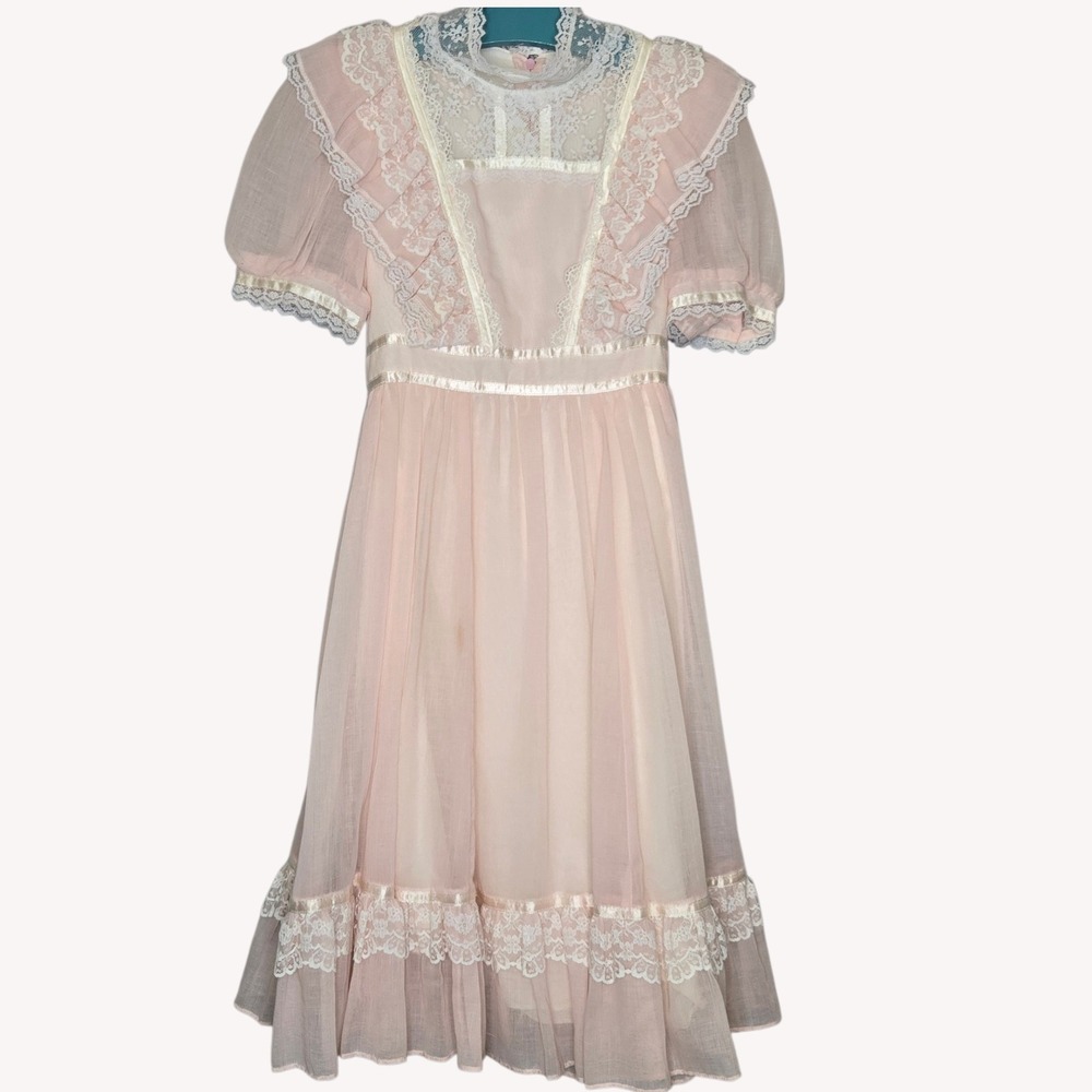 VTG Gunne Sax Jeunes Filles Pink Lace Dress Girls Youth Victorian Cottagecore